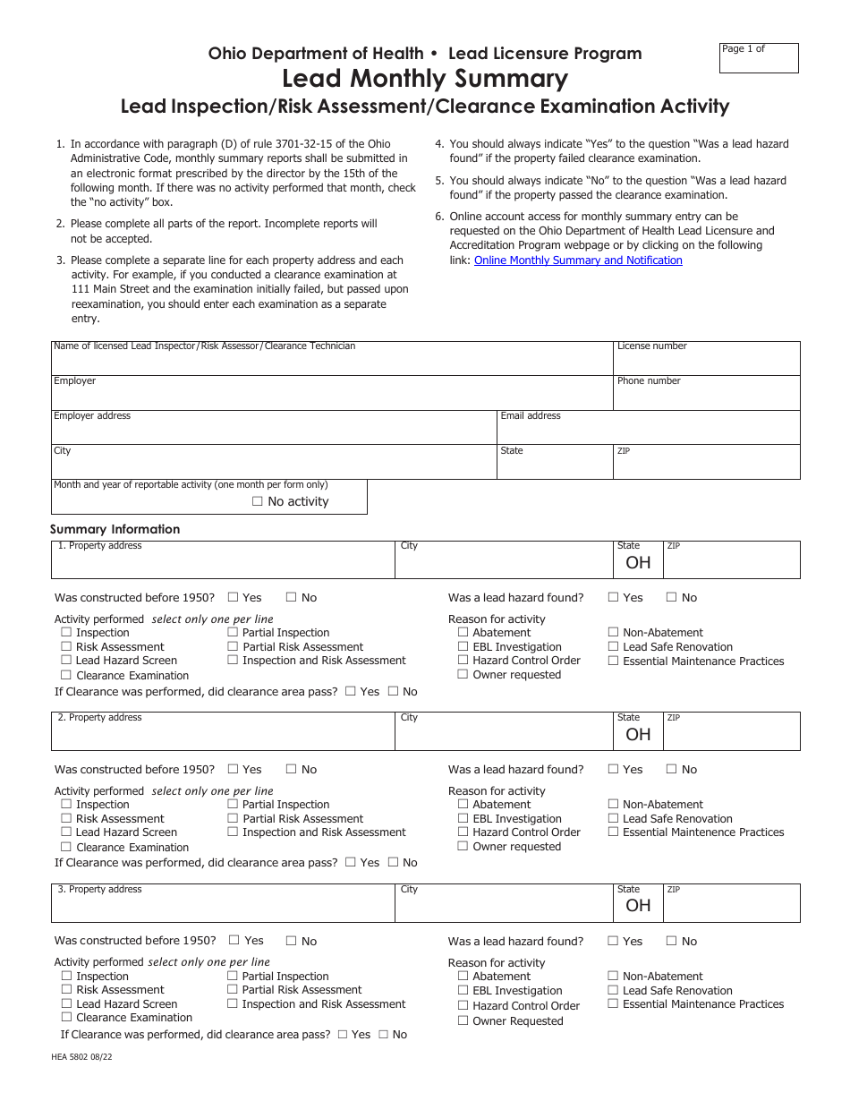 Form HEA5802 Lead Monthly Summary Lead Inspection / Risk Assessment / Clearance Examination Activity - Ohio, Page 1