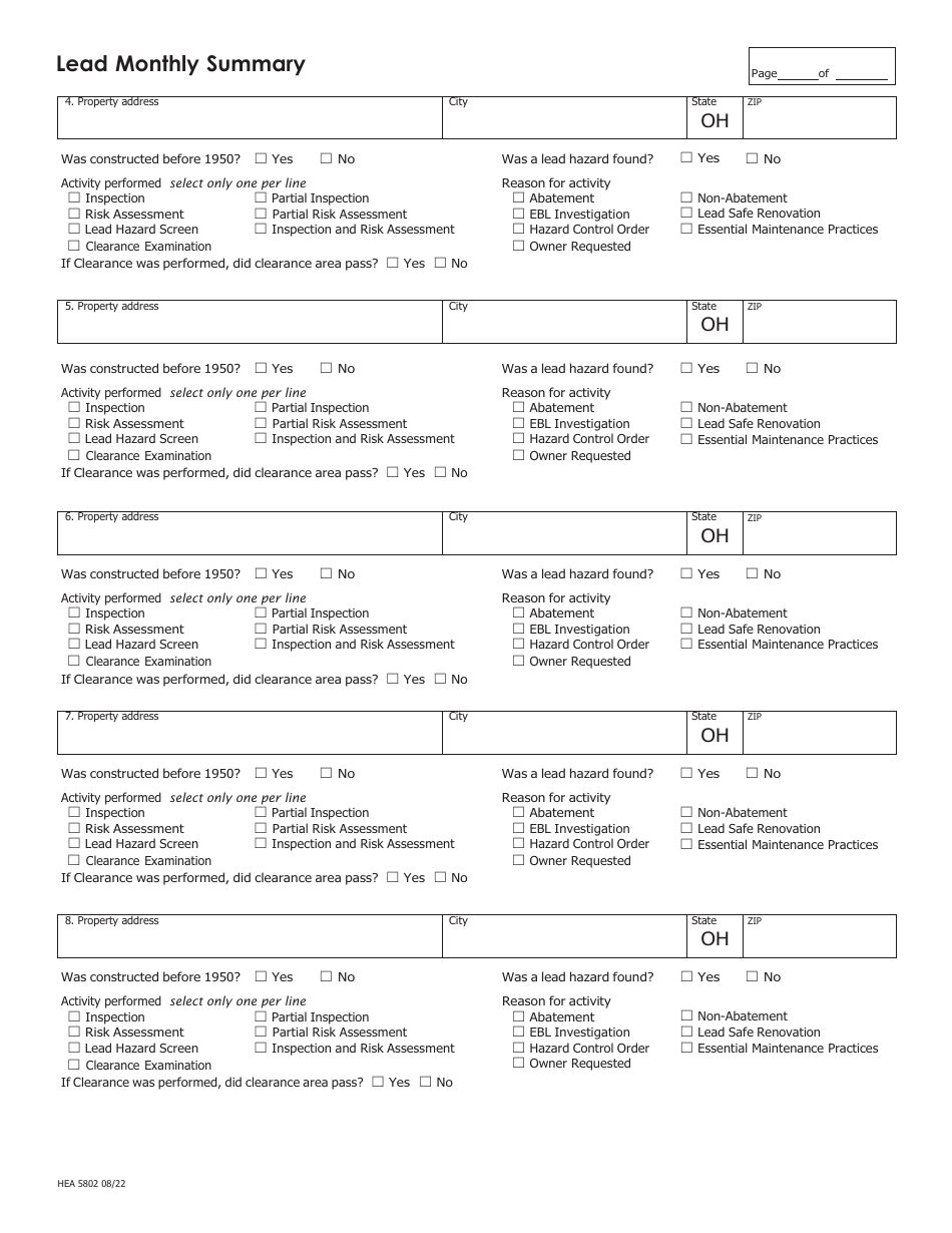 Form HEA5802 Lead Monthly Summary Lead Inspection / Risk Assessment / Clearance Examination Activity - Ohio, Page 2