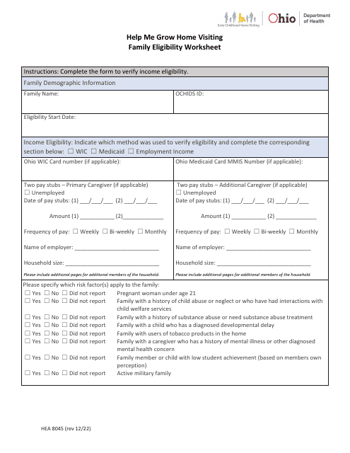 Form HEA8045 Family Eligibility Worksheet - Help Me Grow Home Visiting - Ohio