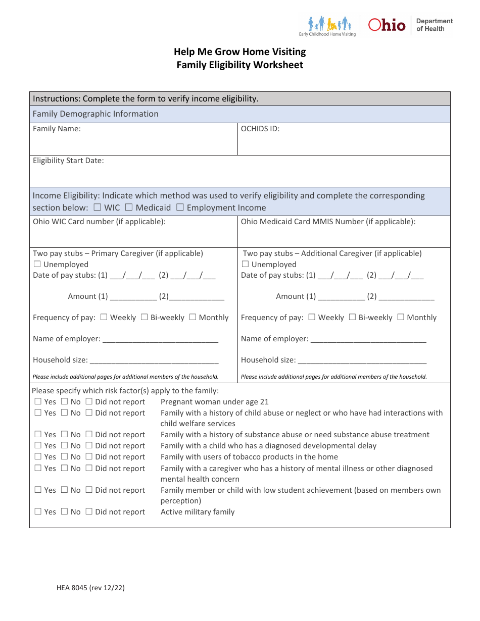 Form HEA8045 Family Eligibility Worksheet - Help Me Grow Home Visiting - Ohio, Page 1