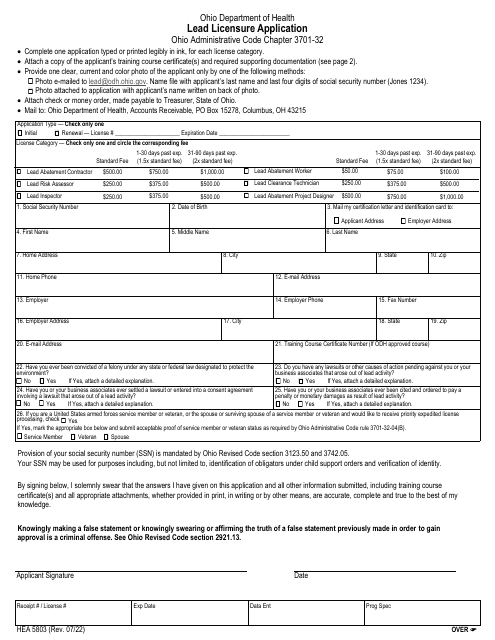 Form HEA5803 Lead Licensure Application - Ohio