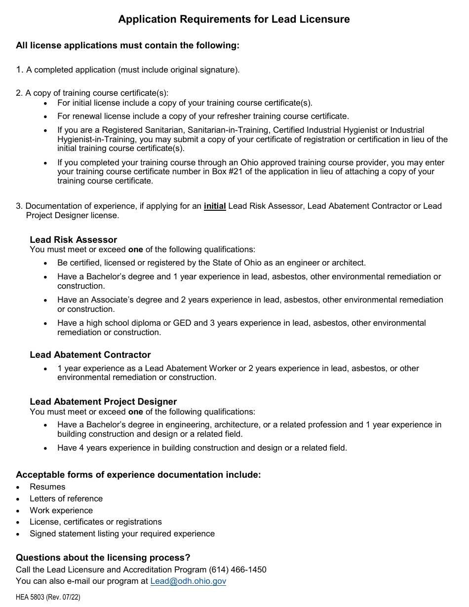 Form HEA5803 Lead Licensure Application - Ohio, Page 2