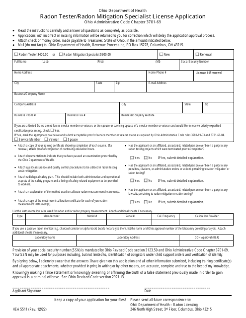 Form HEA5511 Radon Tester/Radon Mitigation Specialist License Application - Ohio