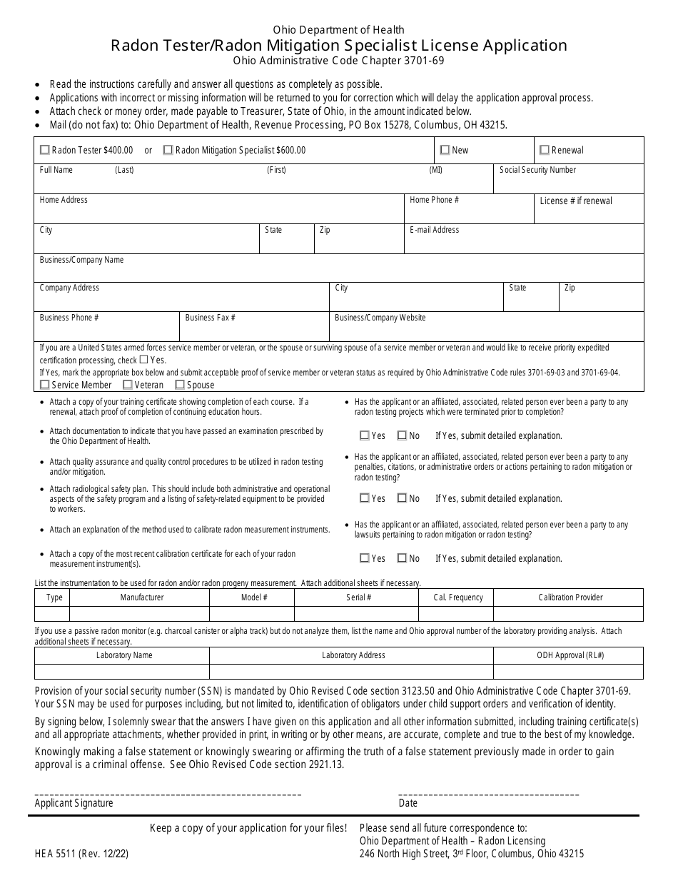 Form HEA5511 Radon Tester / Radon Mitigation Specialist License Application - Ohio, Page 1
