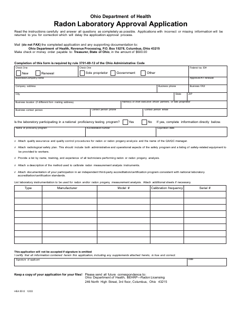 Form HEA5512 Radon Laboratory Approval Application - Ohio