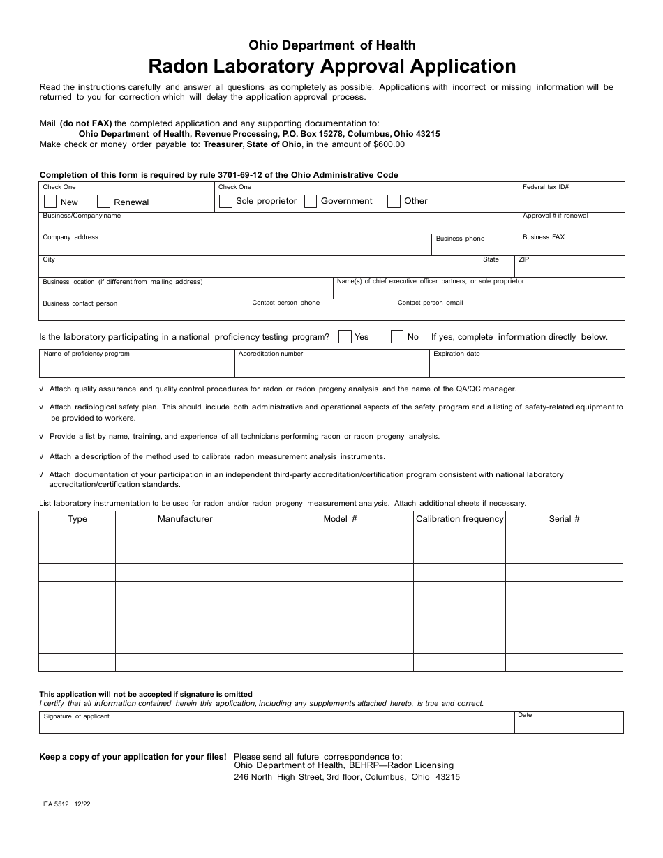 Form HEA5512 Radon Laboratory Approval Application - Ohio, Page 1