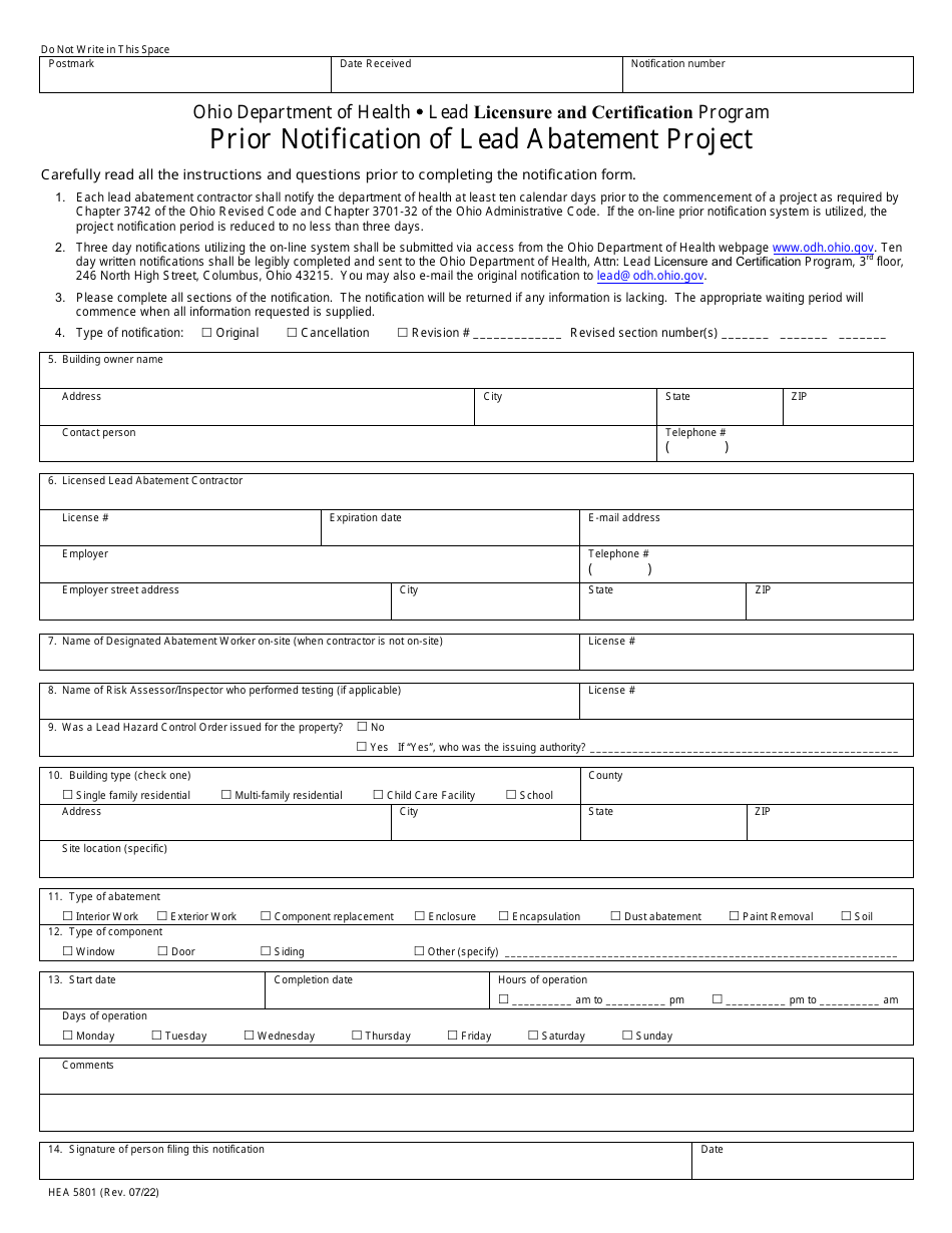 Form HEA5801 Prior Notification of Lead Abatement Project - Lead Licensure and Certification Program - Ohio, Page 1