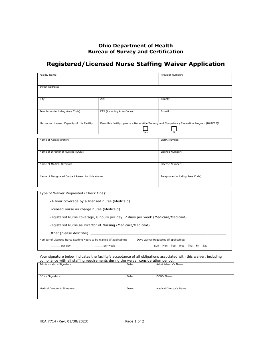 Form HEA7714 Registered / Licensed Nurse Staffing Waiver Application - Ohio, Page 1