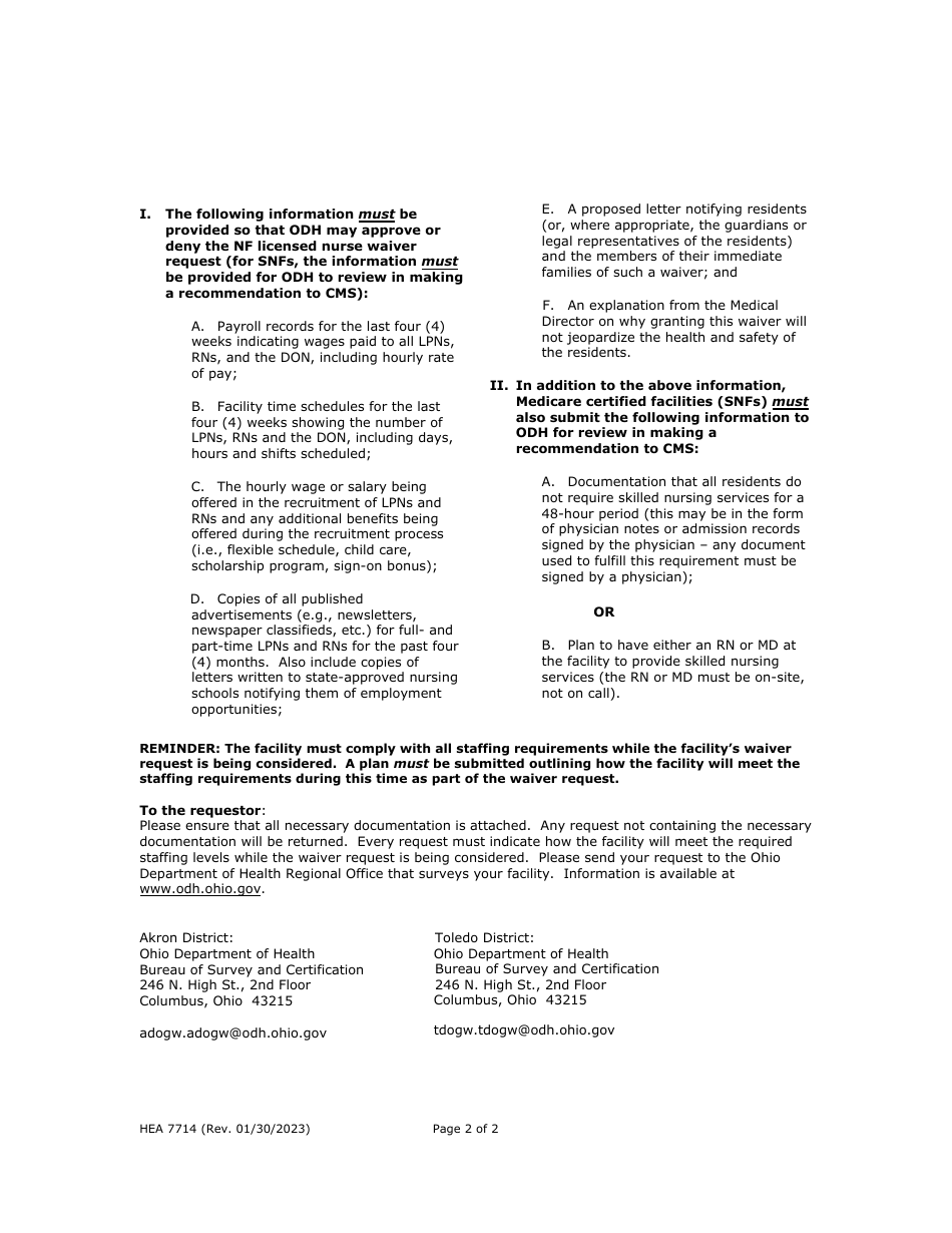 Form HEA7714 Registered / Licensed Nurse Staffing Waiver Application - Ohio, Page 2