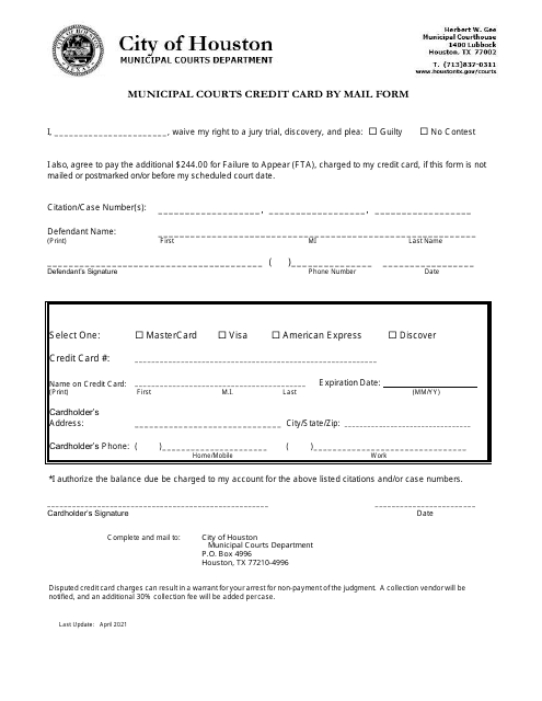 Credit Card Payment by Mail Form - City of Houston, Texas Download Pdf