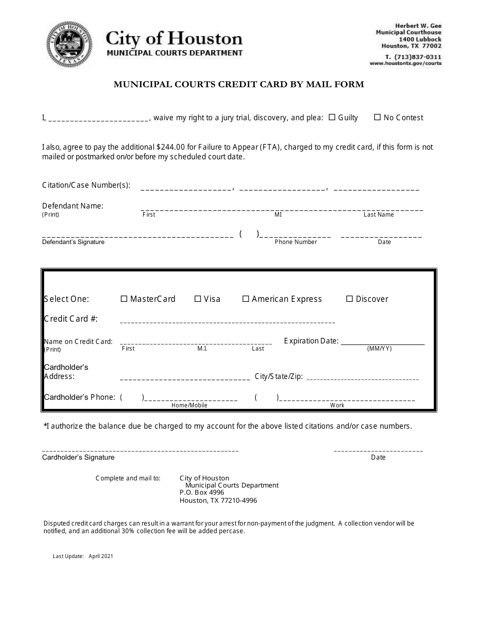 Credit Card Payment by Mail Form - City of Houston, Texas, Page 1