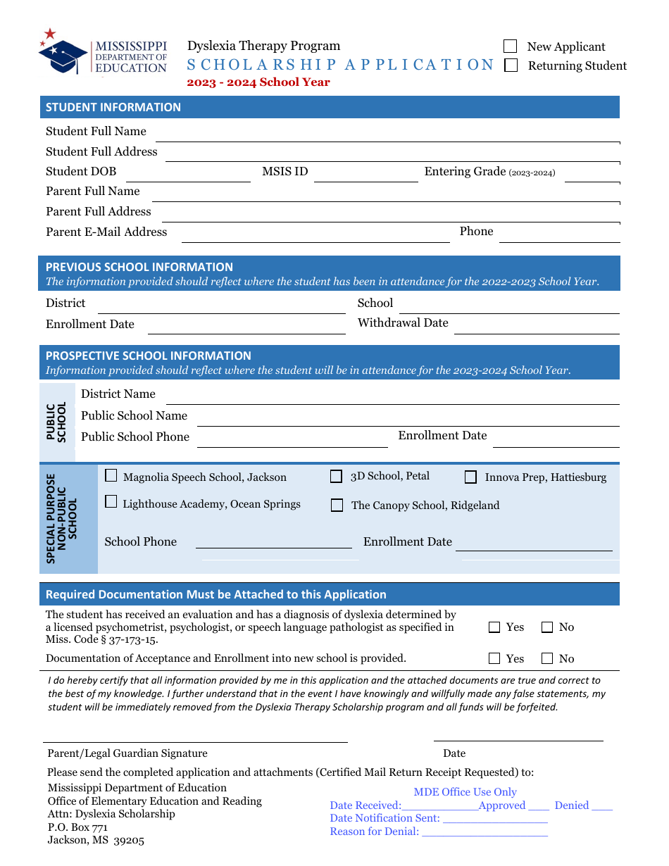 Scholarship Application - Dyslexia Therapy Program - Mississippi, Page 1
