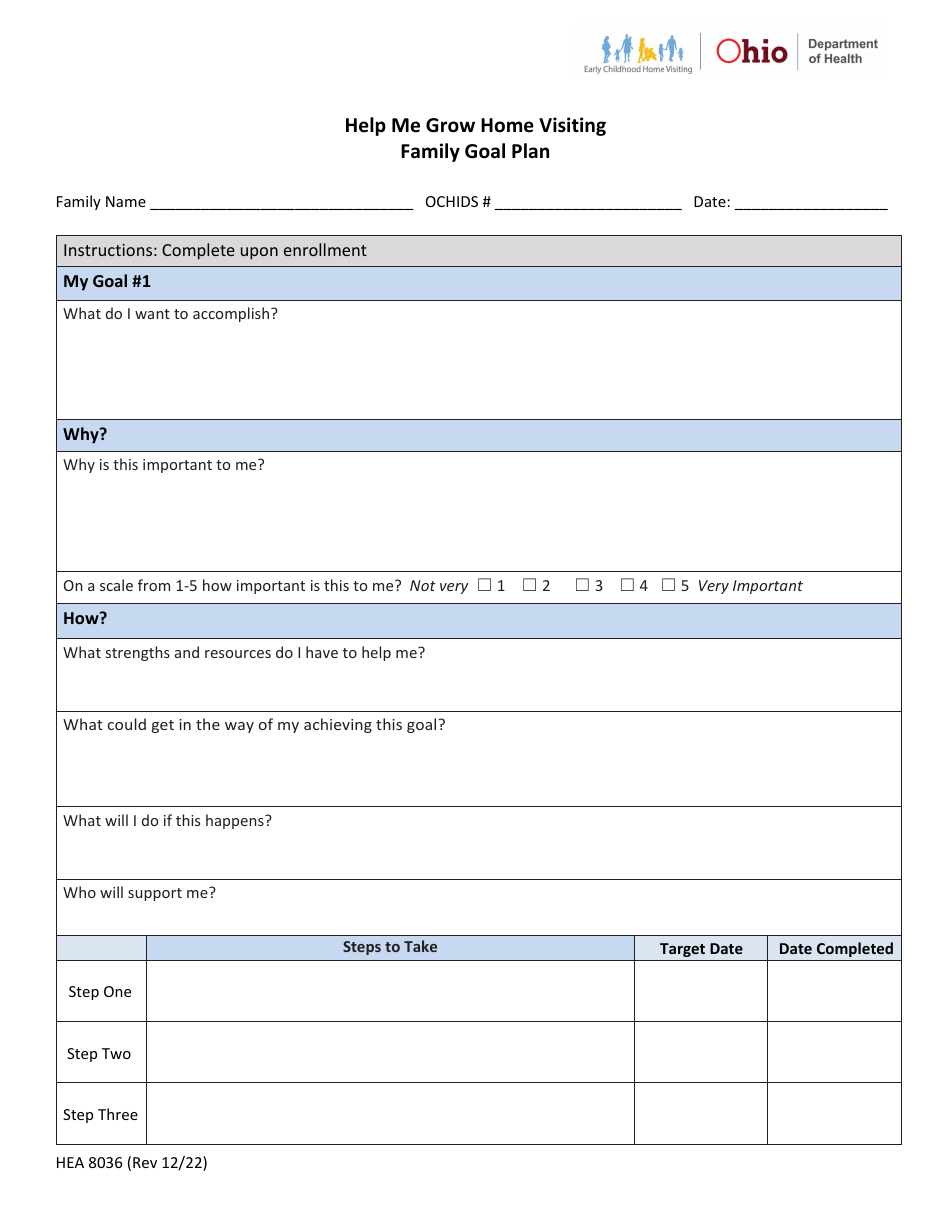 Form HEA8036 Family Goal Plan - Help Me Grow Home Visiting - Ohio, Page 1