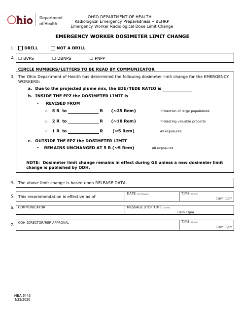 Form HEA5143 Emergency Worker Dosimeter Limit Change - Ohio
