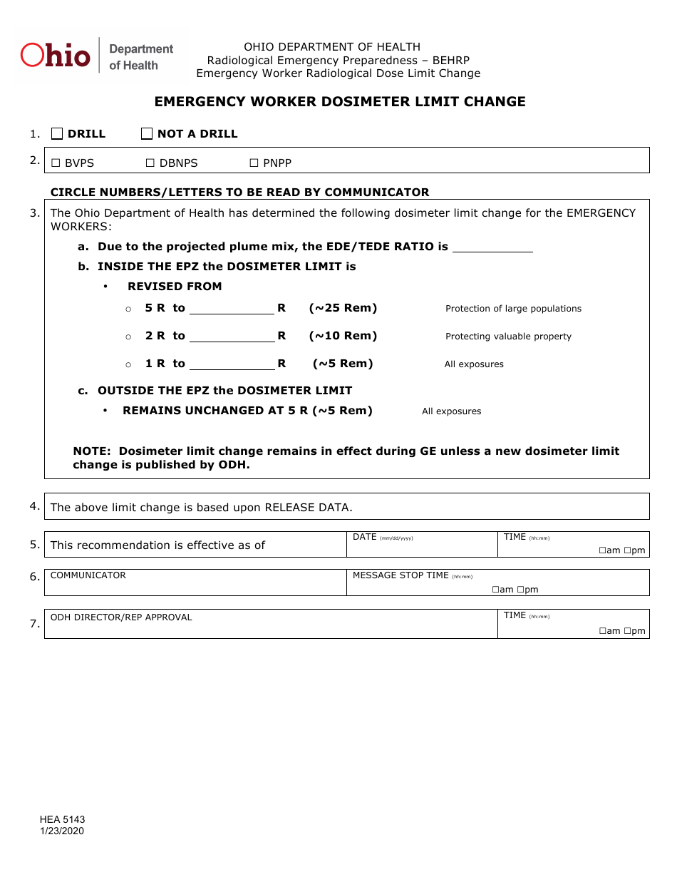 Form HEA5143 Emergency Worker Dosimeter Limit Change - Ohio, Page 1