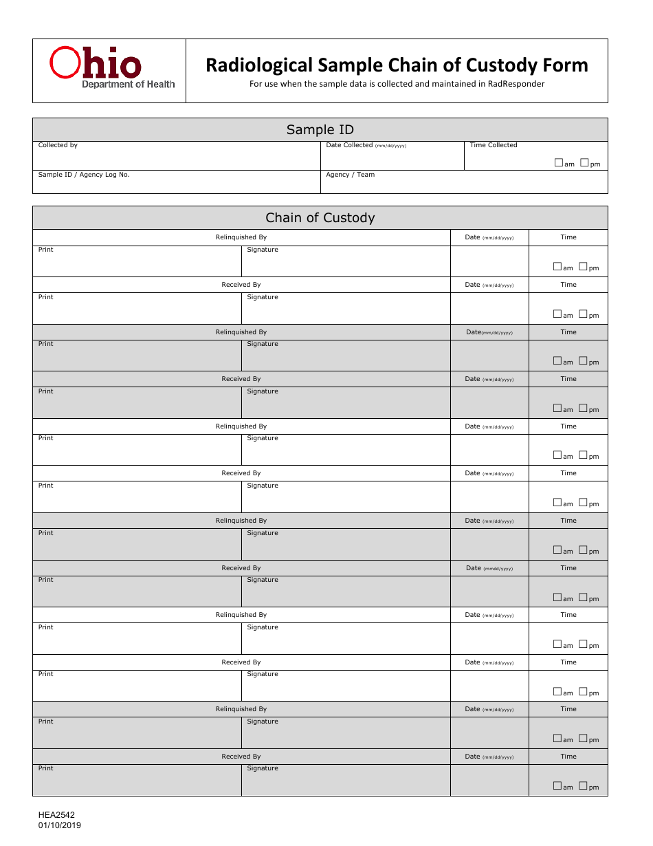 Form HEA2542 Radiological Sample Chain of Custody Form - Ohio, Page 1