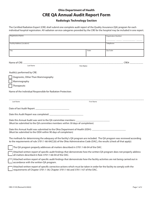 Form HEA5130 Cre Qa Annual Audit Report Form - Ohio