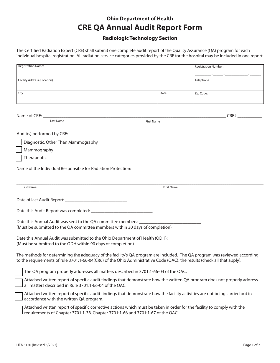 Form HEA5130 Cre Qa Annual Audit Report Form - Ohio, Page 1