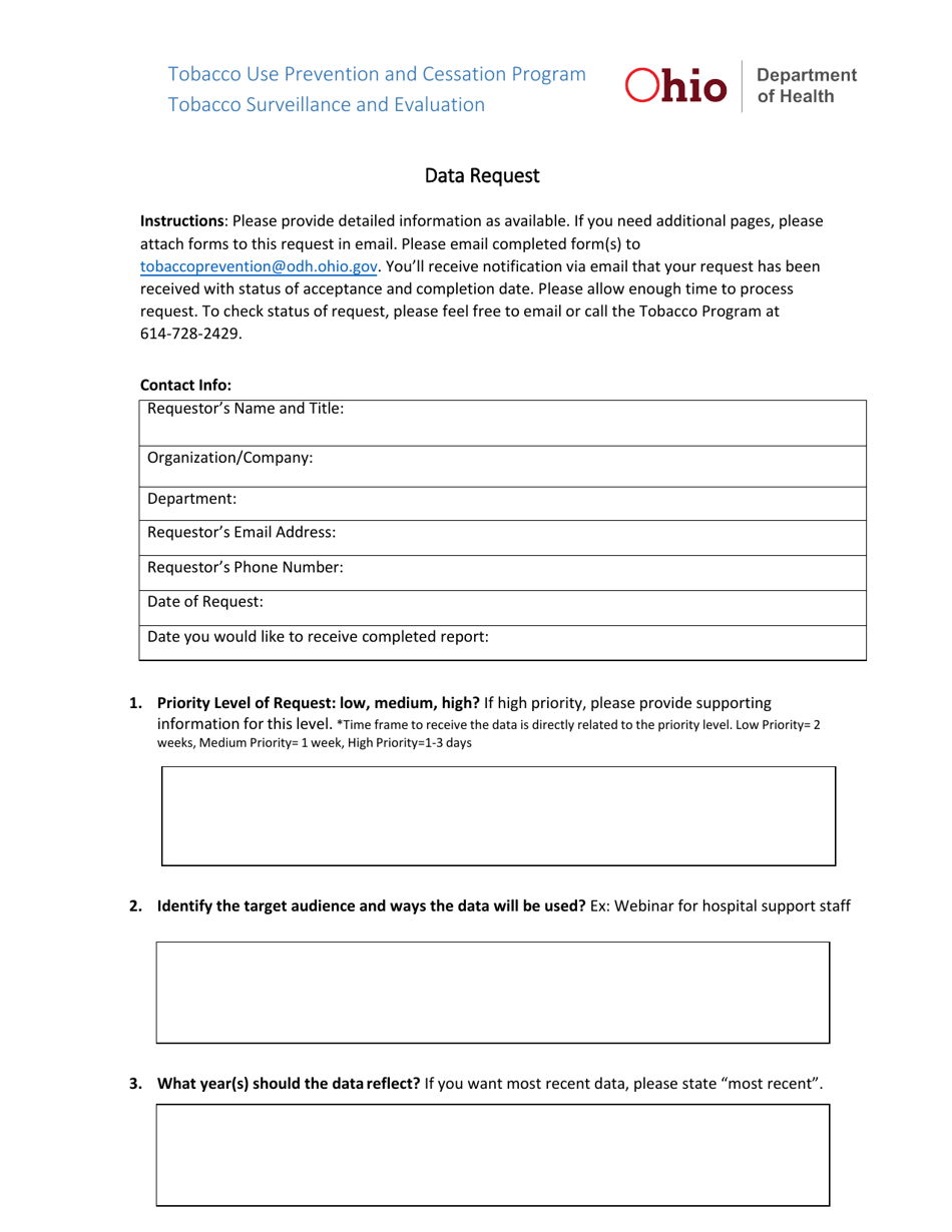 Data Request Form - Tobacco Use Prevention and Cessation Program - Ohio, Page 1