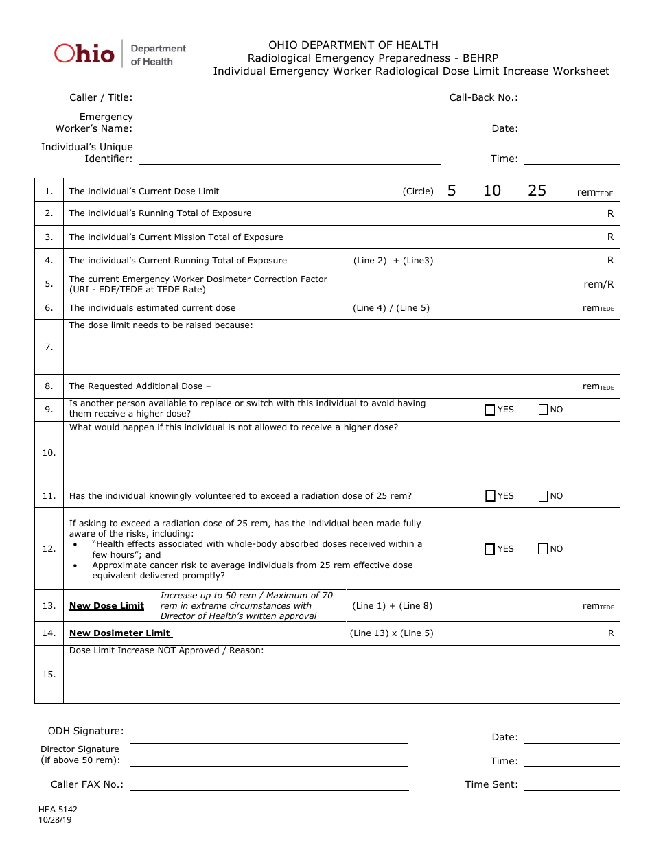 Form HEA5142 Individual Emergency Worker Radiological Dose Limit Increase Worksheet - Ohio, Page 1