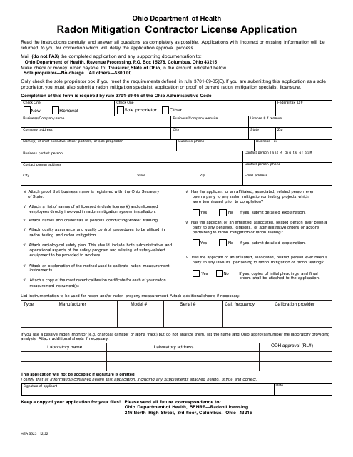 Form HEA5523 Radon Mitigation Contractor License Application - Ohio