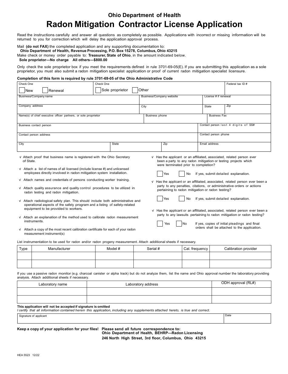 Form HEA5523 Radon Mitigation Contractor License Application - Ohio, Page 1