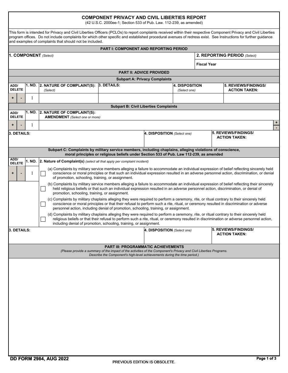 DD Form 2984 Component Privacy and Civil Liberties Report, Page 1