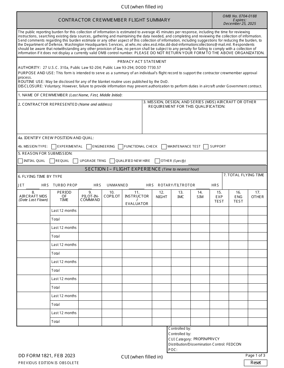 DD Form 1821 Contractor Crewmember Flight Summary, Page 1