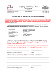Document preview: Declaration of Zero Income Status Questionnaire - City of Parma, Ohio