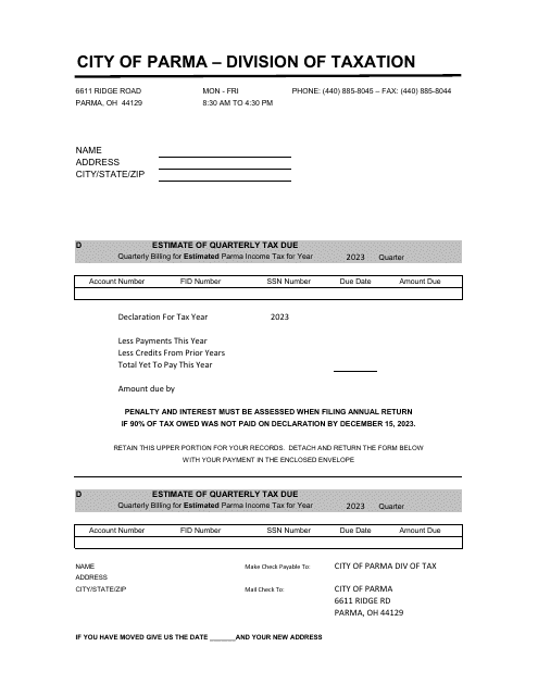 Business Estimate of Quarterly Tax Due - City of Parma, Ohio Download Pdf