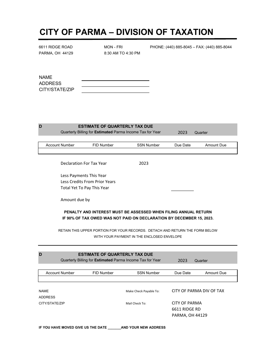 2023 City of Parma, Ohio Business Estimate of Quarterly Tax Due Fill