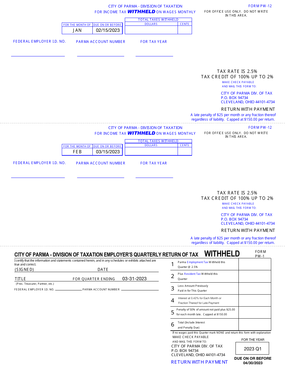 Form PW-12 (PW-1) Monthly Withholdings Form - City of Parma, Ohio, Page 1