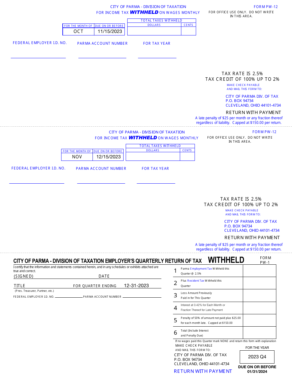 Form PW-12 (PW-1) Monthly Withholdings Form - City of Parma, Ohio, Page 7