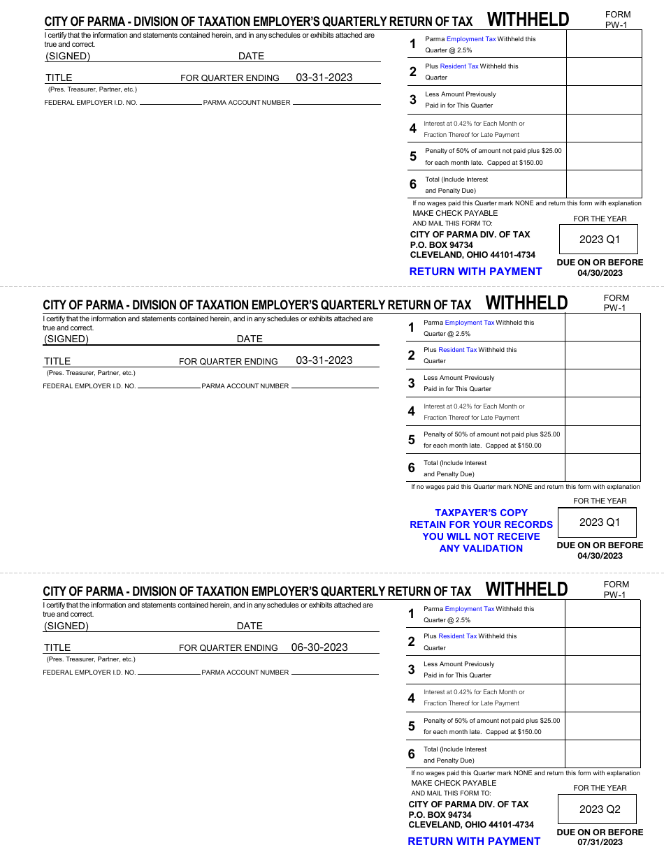 Form PW-1 Employers Quarterly Withholdings Form - City of Parma, Ohio, Page 1