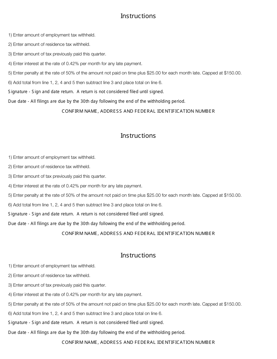 Form PW-1 Employers Quarterly Withholdings Form - City of Parma, Ohio, Page 4
