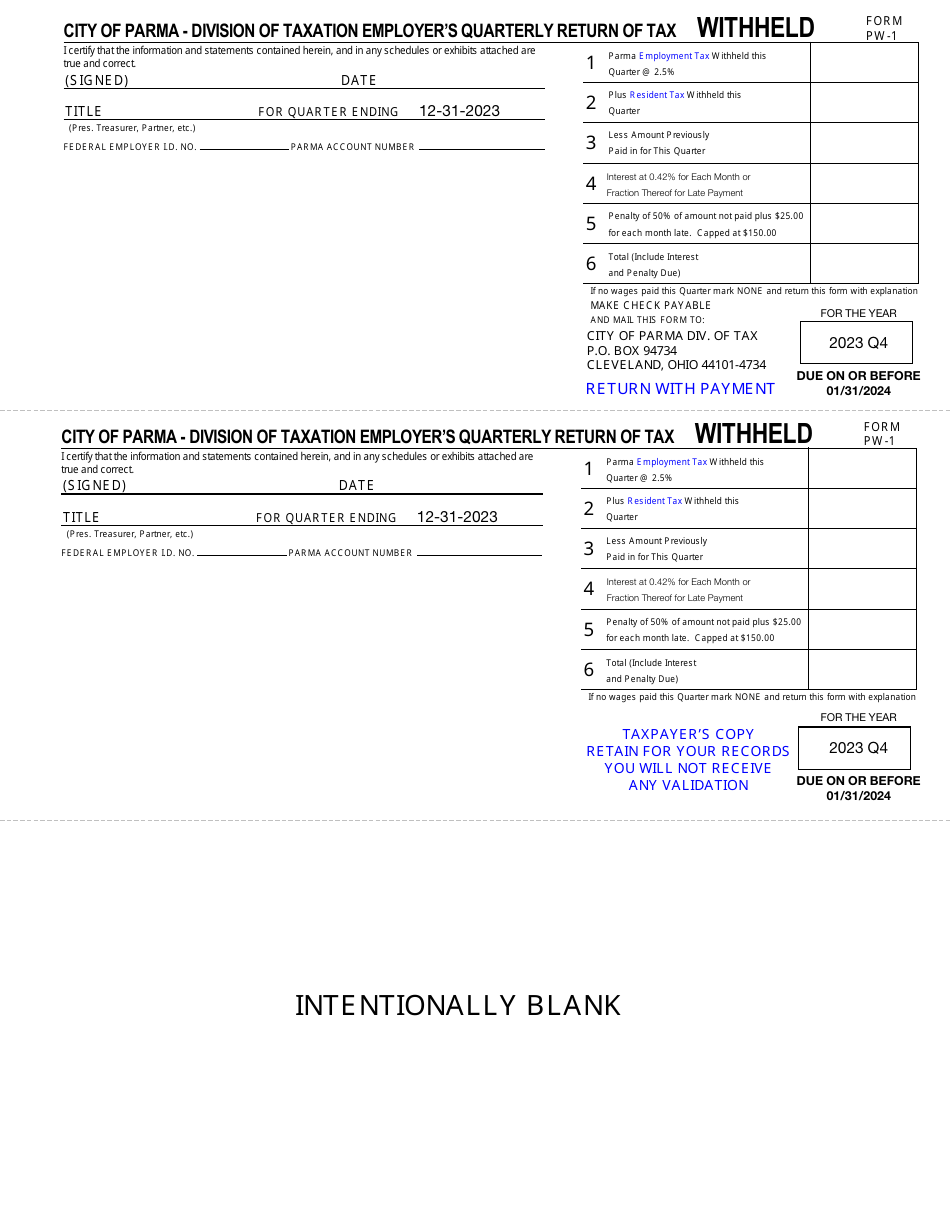 Form PW-1 Employers Quarterly Withholdings Form - City of Parma, Ohio, Page 5