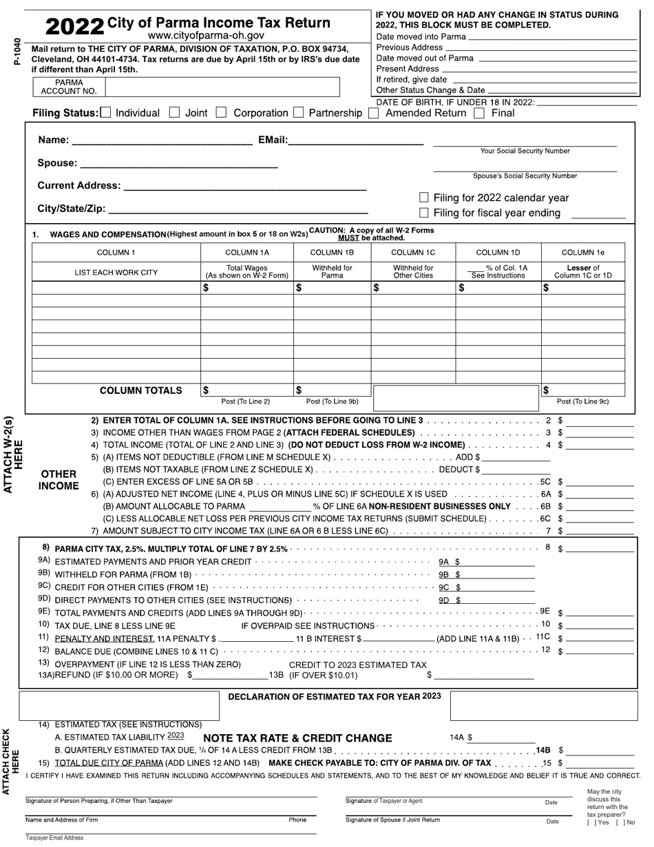 Form P-1040 City of Parma Income Tax Return - City of Parma, Ohio, Page 1