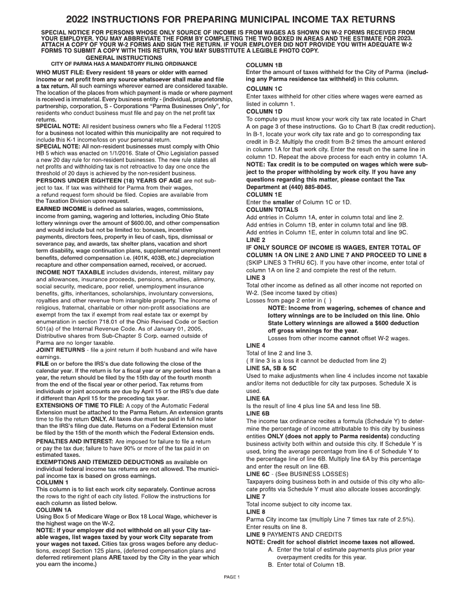 Instructions for Form P-1040 City of Parma Income Tax Return - City of Parma, Ohio, Page 1