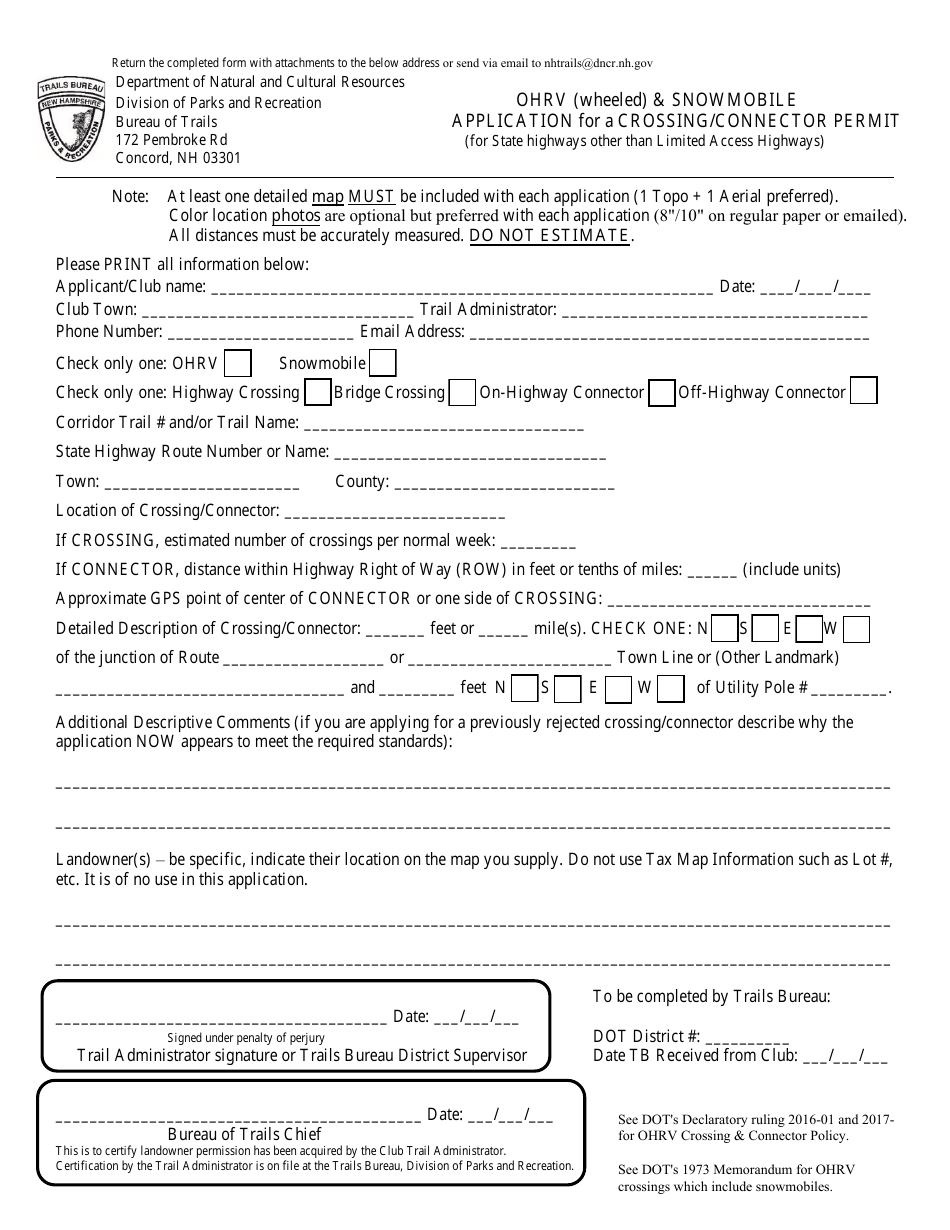 Ohrv (Wheeled)  Snowmobile Application for a Crossing / Connector Permit - New Hampshire, Page 1