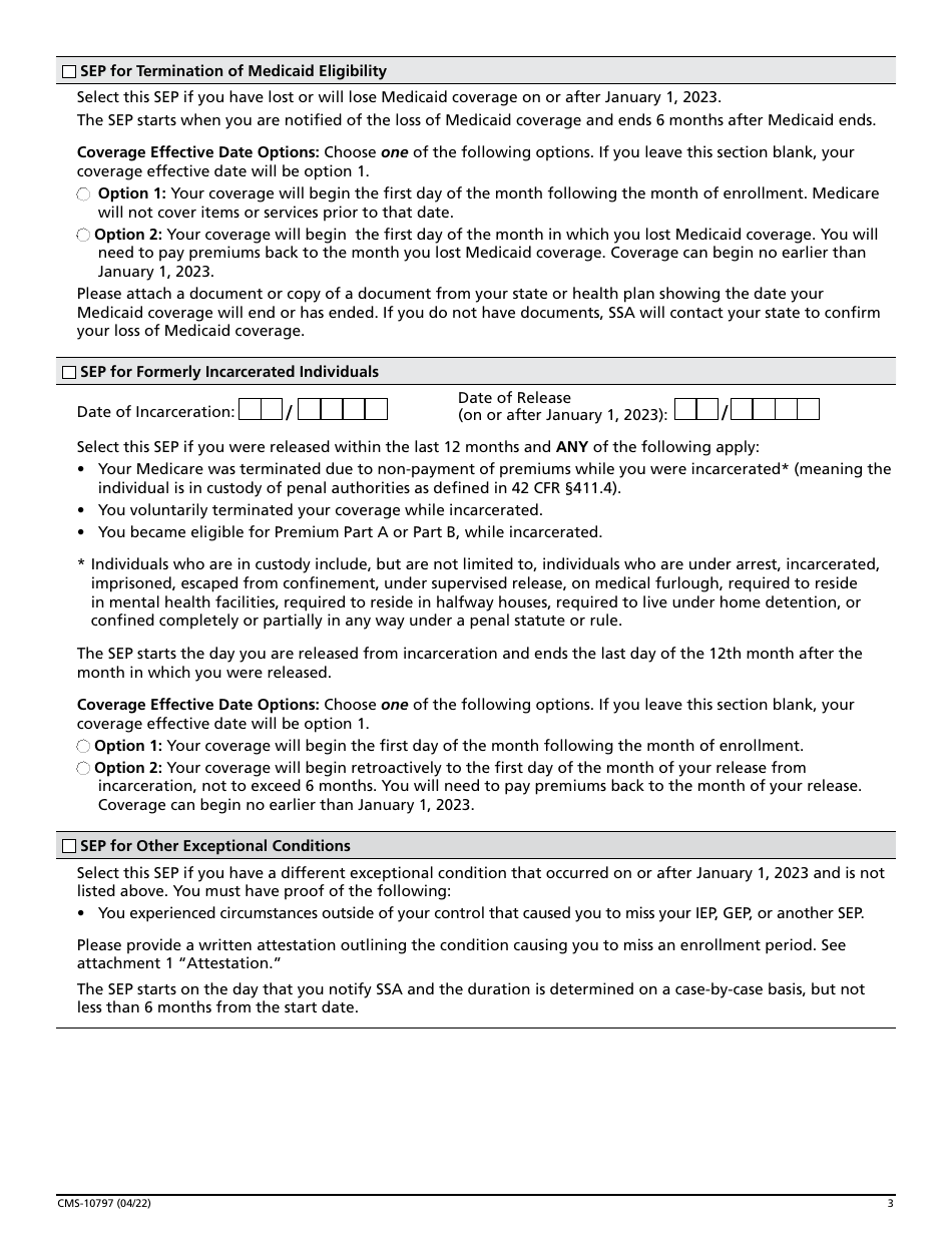 Form CMS-10797 Application for Medicare Part a and Part B - Special Enrollment Period (Exceptional Conditions), Page 3