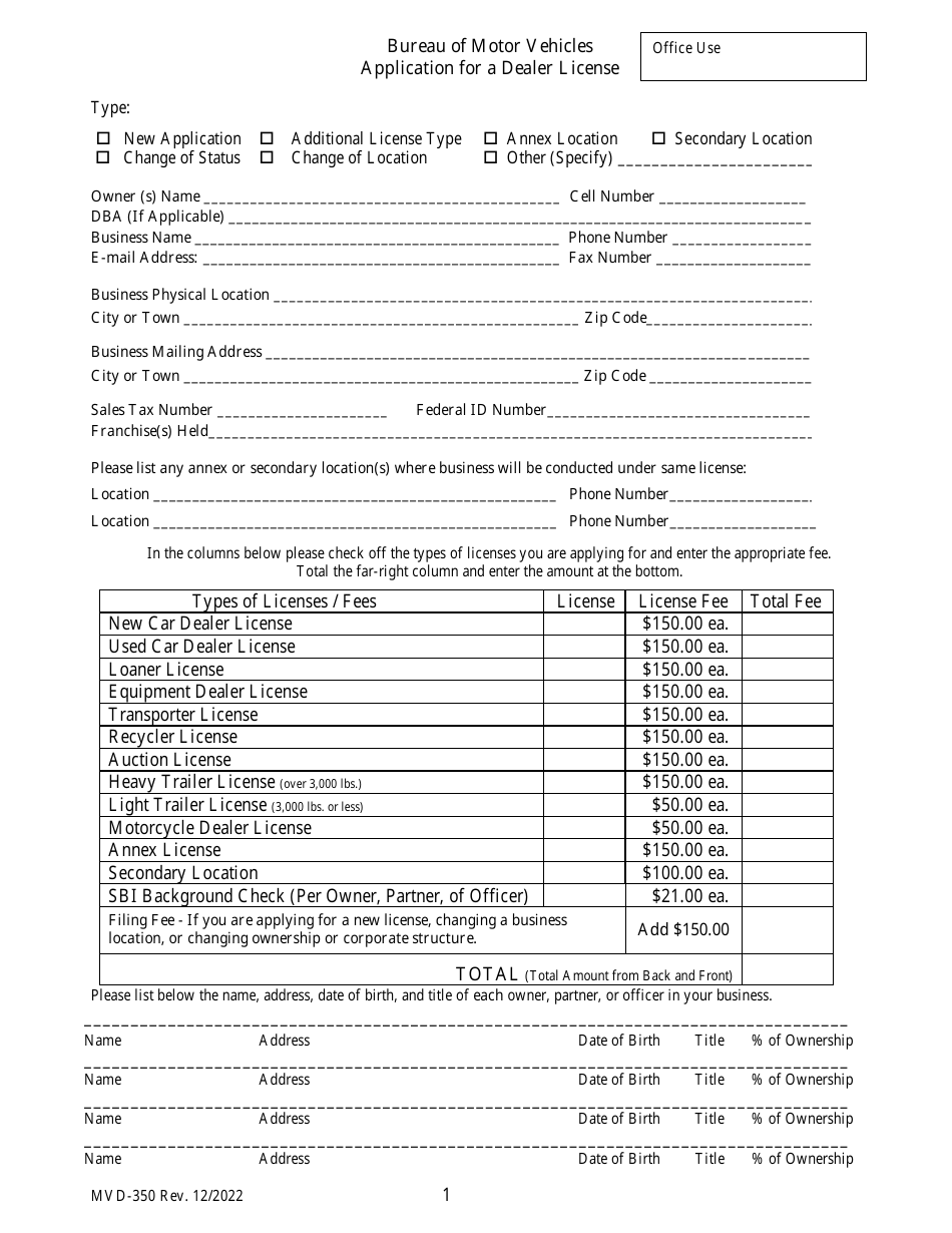 Form MVD350 Download Fillable PDF or Fill Online Application for a