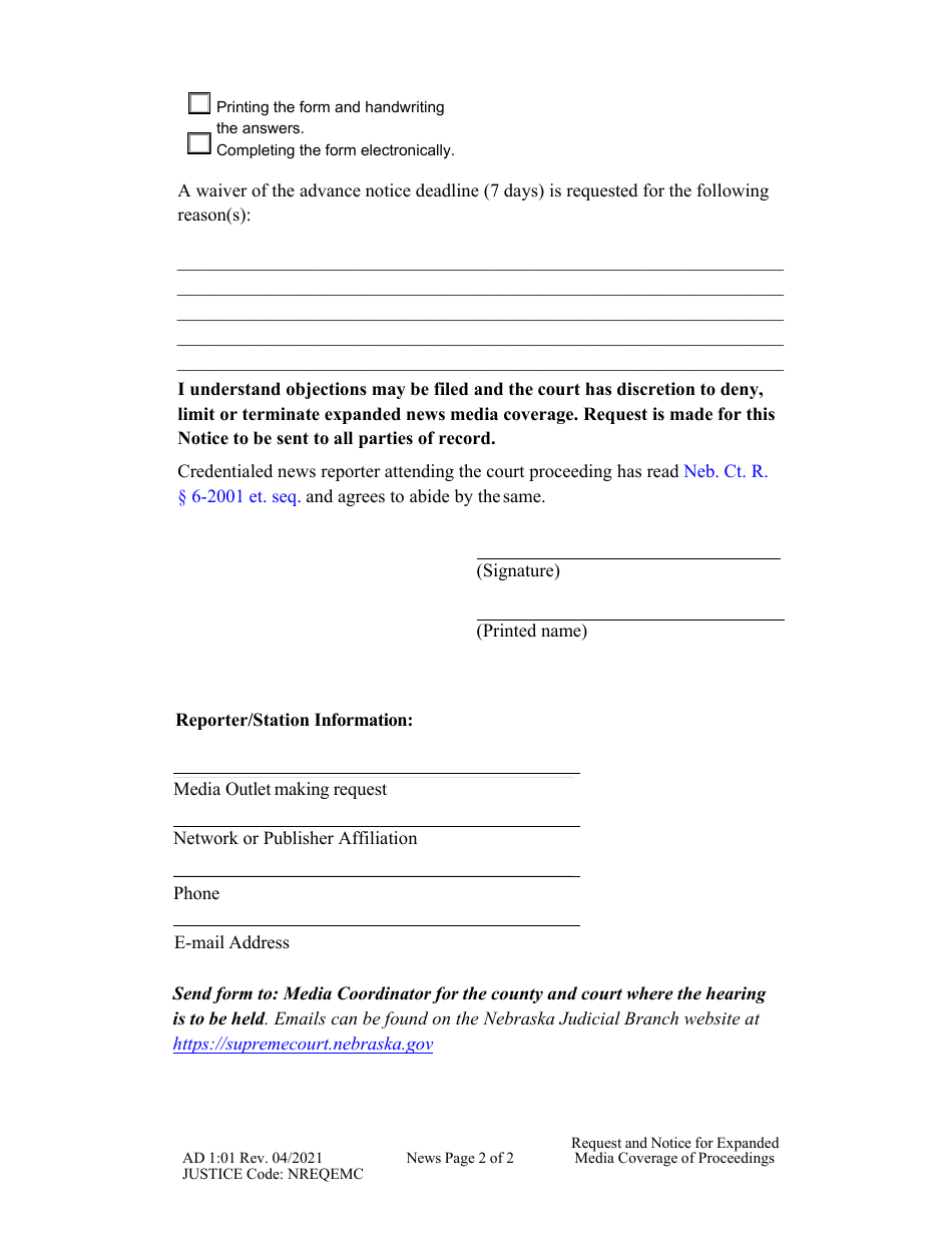 Form AD1:01 Request and Notice for Expanded News Media Coverage of Proceedings - Nebraska, Page 2