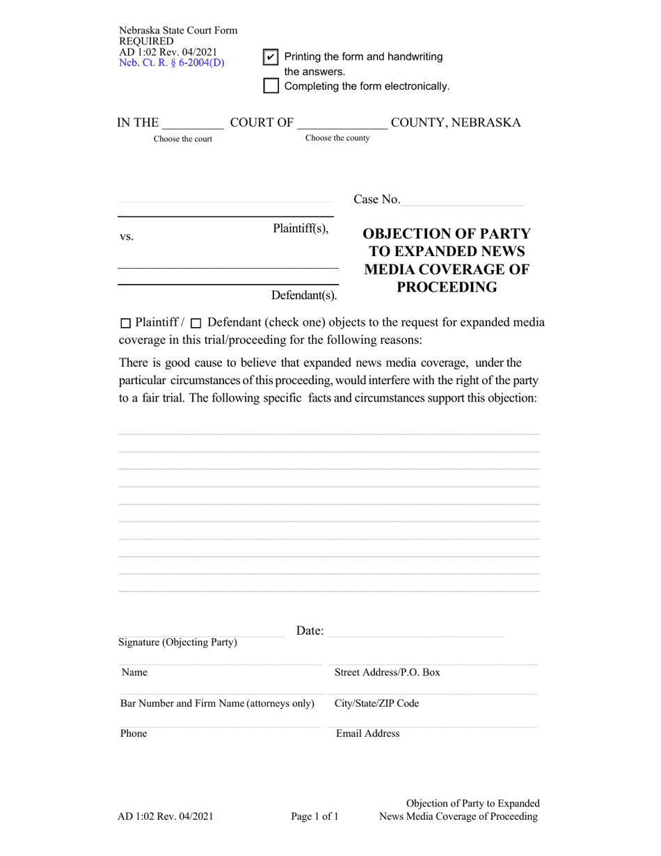 Form AD1:02 Objection of Party to Expanded News Media Coverage of Proceeding - Nebraska, Page 1