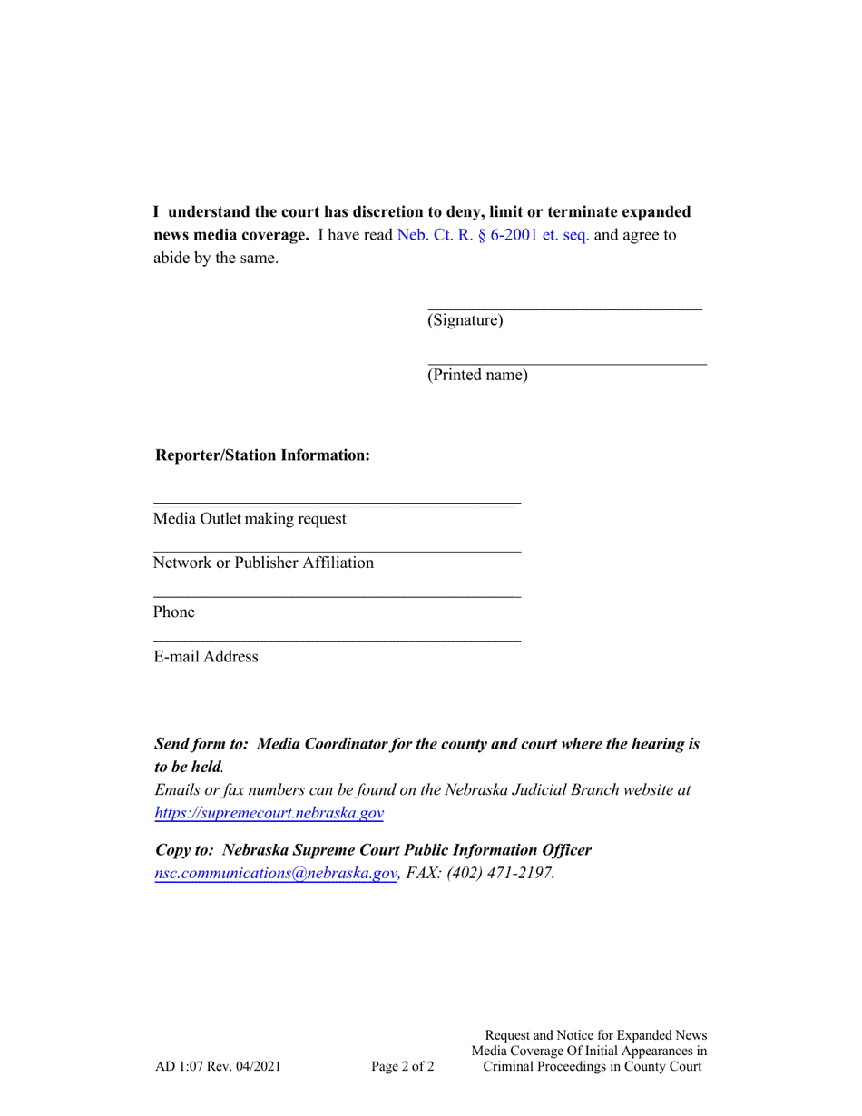 Form AD1:07 Request and Notice for Expanded News Media Coverage of Initial Appearances in Criminal Proceedings in County Court - Nebraska, Page 2