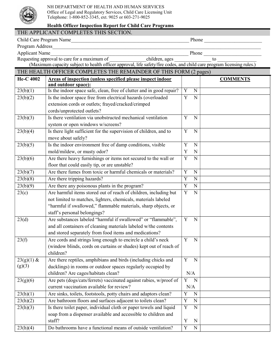 Health Officer Inspection Report for Child Care Programs - New Hampshire, Page 1