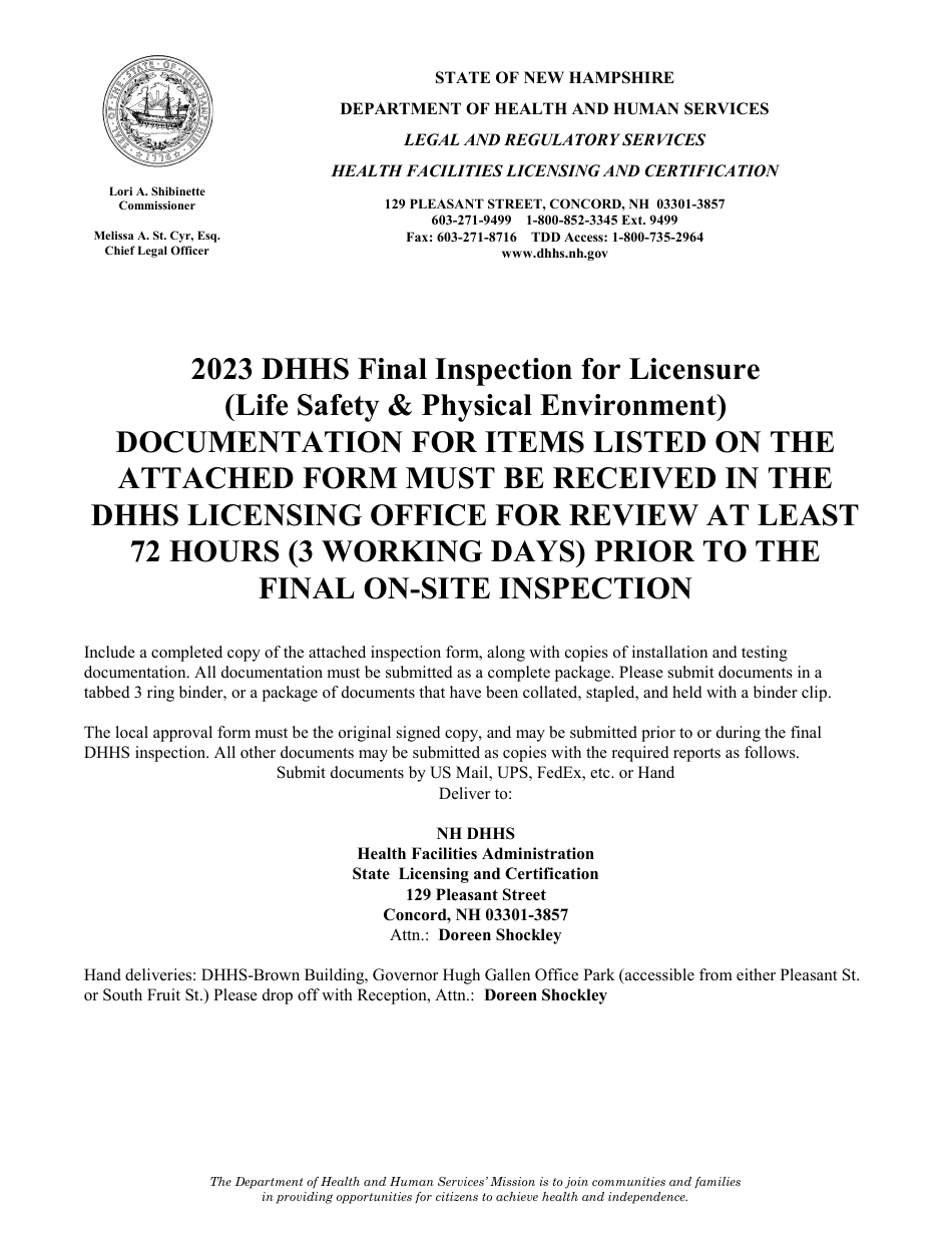 Dhhs Final Inspection for Licensure (Life Safety  Physical Environment) - New Hampshire, Page 1