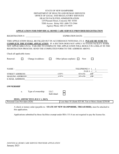 Application for Individual Home Care Service Provider Registration - New Hampshire Download Pdf