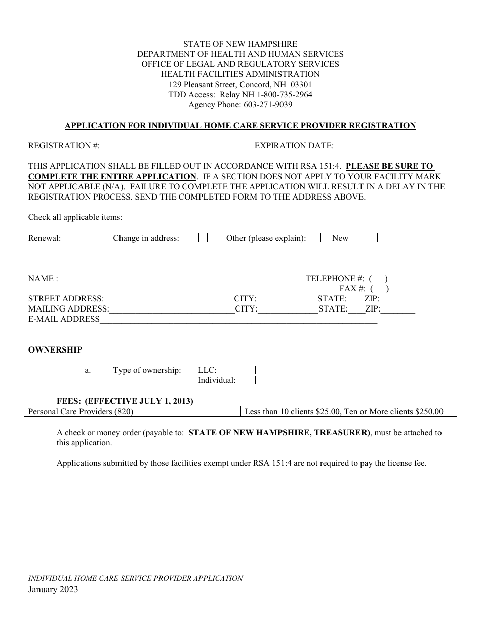 Application for Individual Home Care Service Provider Registration - New Hampshire, Page 1