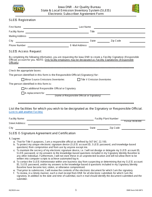 DNR Form 542-0471 State & Local Emission Inventory System (Sleis) Electronic Subscriber Agreement Form - Iowa