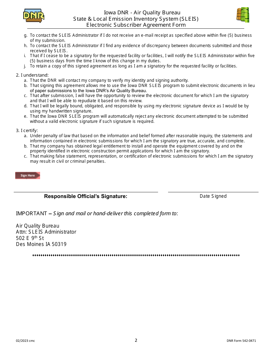DNR Form 542-0471 State  Local Emission Inventory System (Sleis) Electronic Subscriber Agreement Form - Iowa, Page 2
